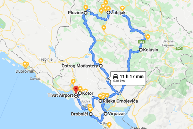 Montenegro Roadtrip Route